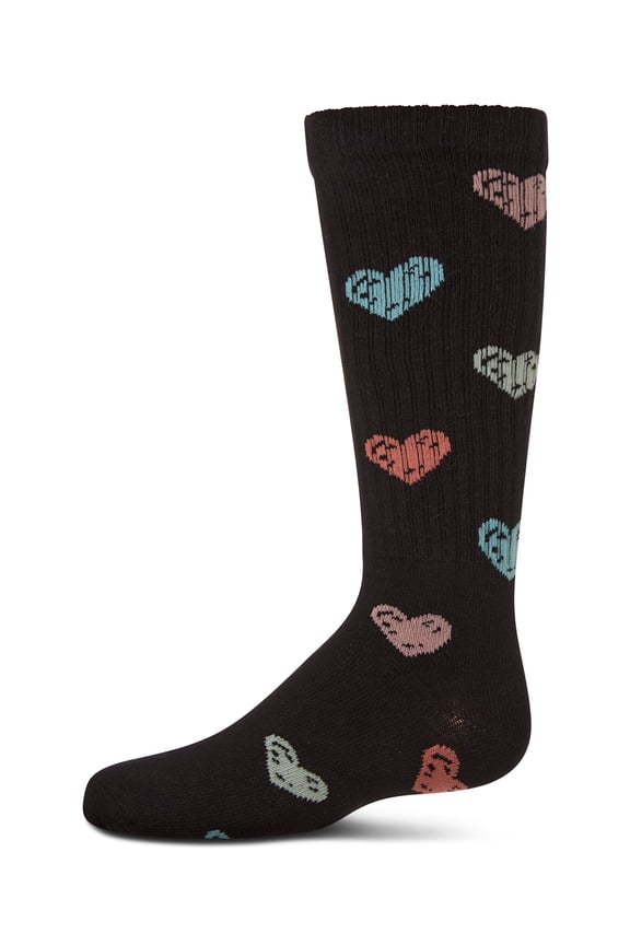 Ribbed Cotton Blend "Multi Graffiti Hearts" Knee Sock - Girls - Female, 14, Taupe