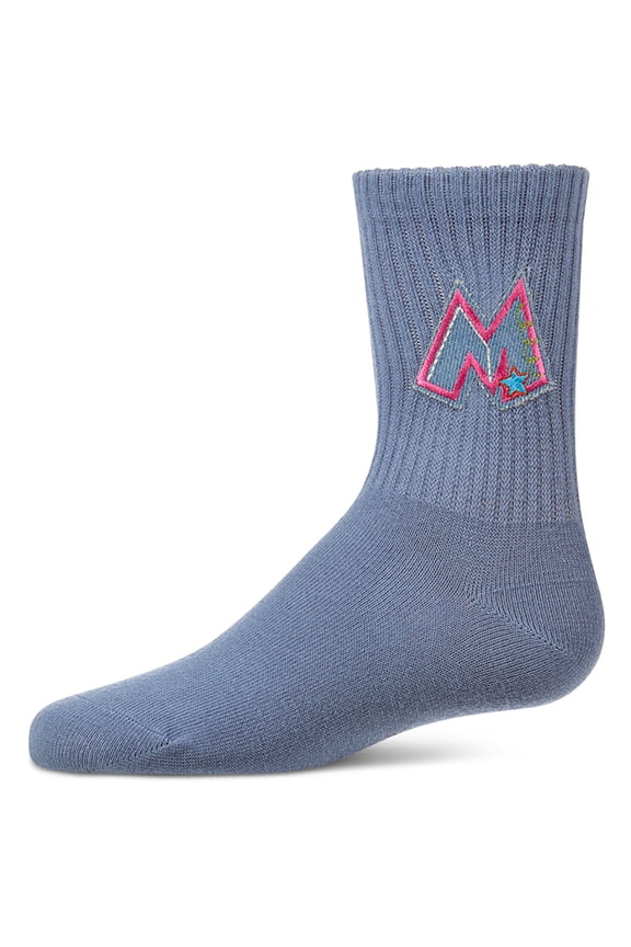 Ribbed Cotton-Rich Crew Socks with Embroidered Denim "M" Patch - Girls - Female, 2, Denim