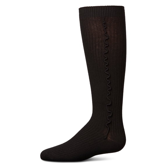 MeMoi Ribbed Cotton-Rich Knee Sock with Wavy Line Ruffle - Girls - Female, 10, Black