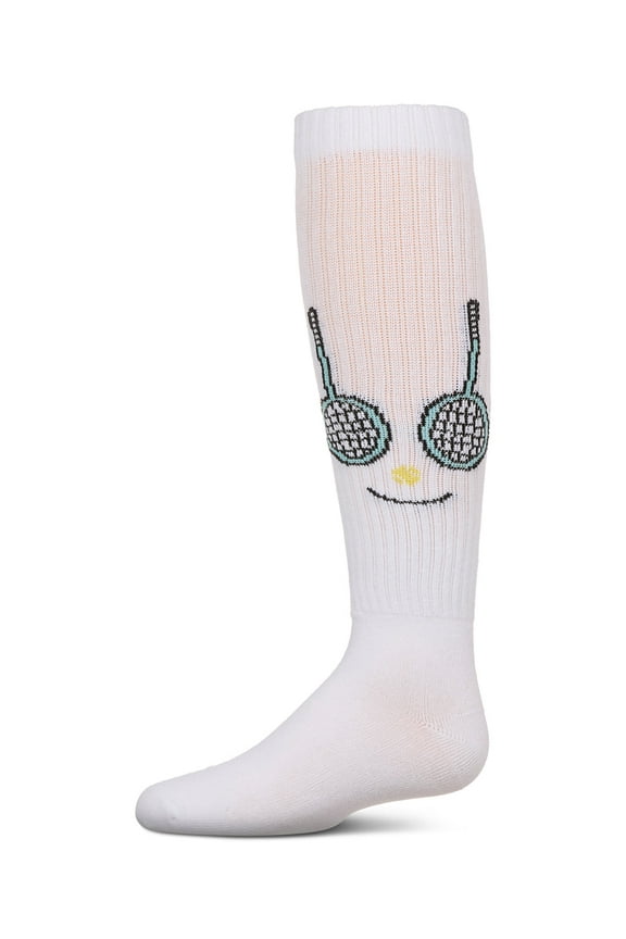 Ribbed Stretch Cotton "Tennis Smiley Face" Knee Sock - Girls - Female, 4, White
