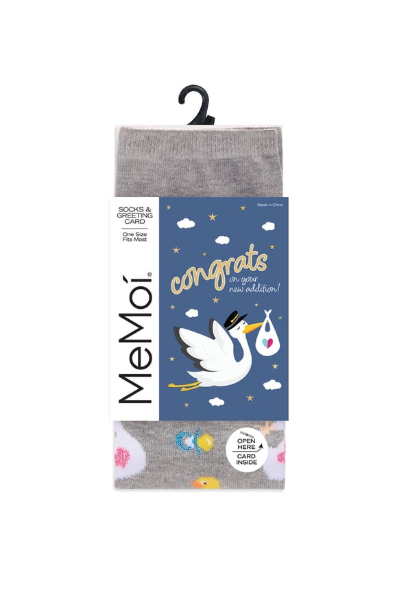 So Storked & Excited Greeting Card Crew Socks - Womens - Female, One Size, Med Gray Heather