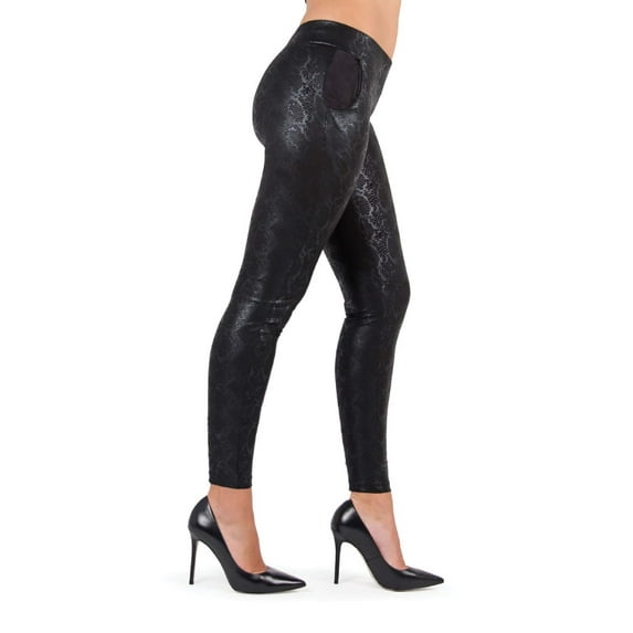 MeMoi Sophisticated Metallic Snakeskin Leggings - Womens - Female (Medium/Large, Black)