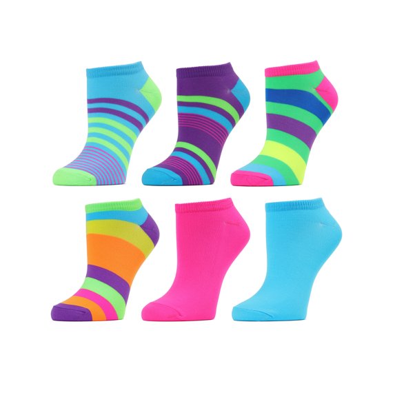 MeMoi Stripe Fusion Microfiber Low-Cut Socks 6-Pack - Womens - Female, One Size, Neon Multi