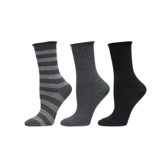 MeMoi Stripe Roll Top Buttersoft Crew Sock 3 Pack - Womens - Female, 9-11, Black Marled
