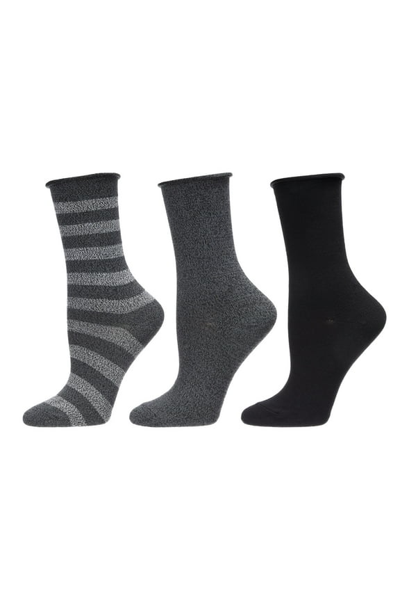 Stripe Roll Top Buttersoft Crew Sock 3 Pack - Womens - Female, 9-11, Black Marled
