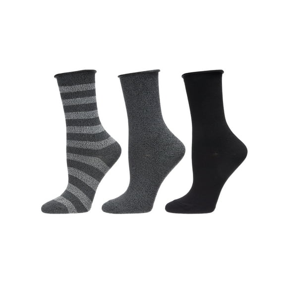 MeMoi Stripe Roll Top Buttersoft Crew Sock 3 Pack - Womens - Female, 9-11, Black Marled