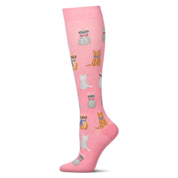 MeMoi Women's Studious Cats Bamboo Compression Socks, 9-11, Pink Carnation