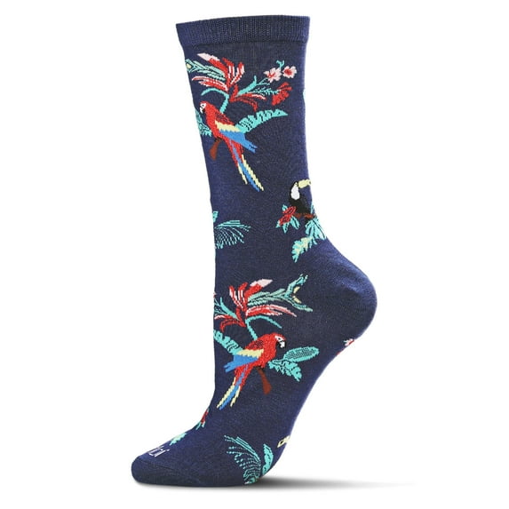 MeMoi Tropical Parrots Bamboo Blend Crew Socks - Womens - Female, 9-11, Navy