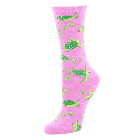 MeMoi Turtle Time Bamboo Blend Crew Socks - Womens - Female, One Size, Fuchsia Pink