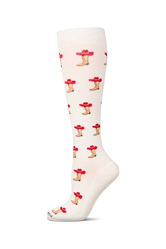 Wellfit Unisex "Cowboy Boots" Cotton Blend Moderate Compression Knee Socks, 9-11, Ivory Heather