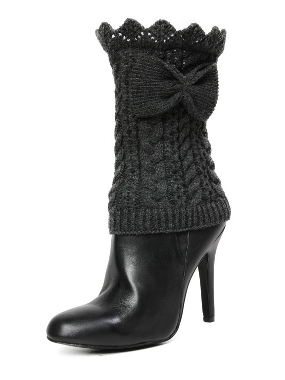 Vixen Mixed Rib Bow Detail Boot Topper - Womens - Female, One Size, Dark Gray Heather