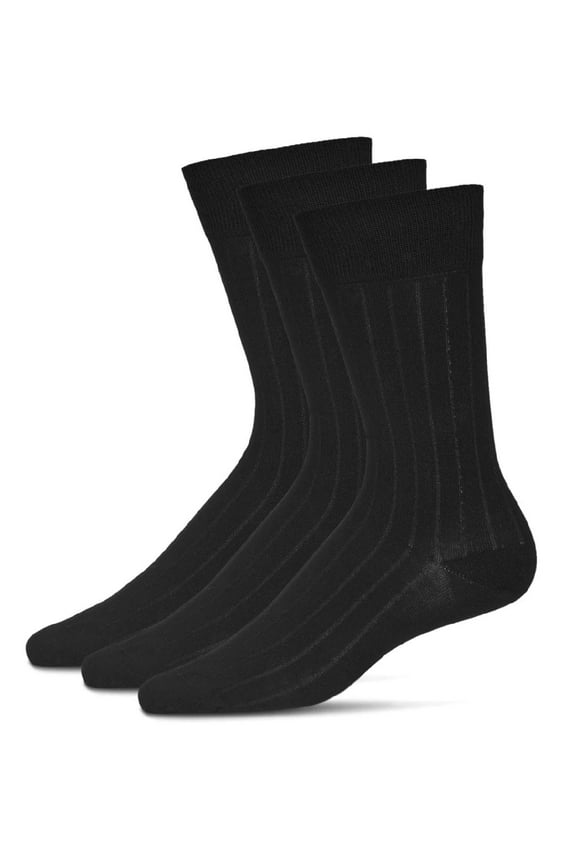 Men's 3 Pair Pack Wide Ribbed Mercerized Cotton Crew Socks - Mens - Male, 9-11, Black