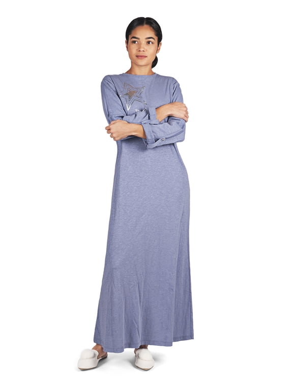 Women's 100% Cotton Slub Knit Full-Length Sleeping Gown - Womens - Female, S, Blue