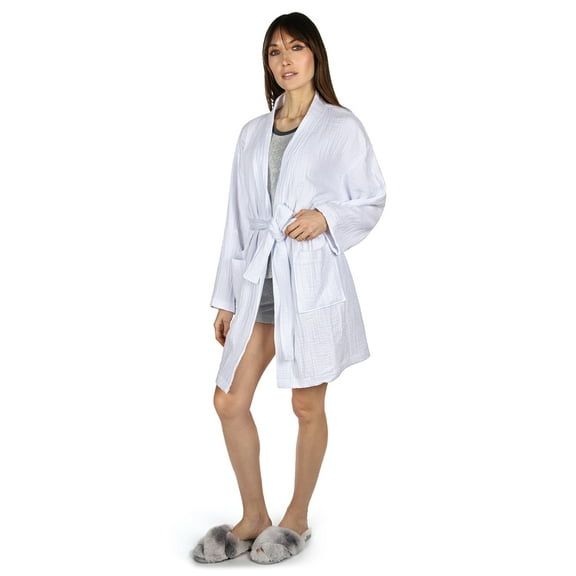 MeMoi Women's 100% Cotton Woven Gauze Short Kimono Robe - Womens - Female (S-M, White)
