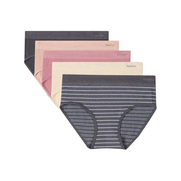 MeMoi Women's 5 Pair Pack Seamless Pin Rib Briefs - Womens - Female, XS, (Asst-40) Lilas, Fig, Egret Stripe, Chocolate Torte, Black Dot