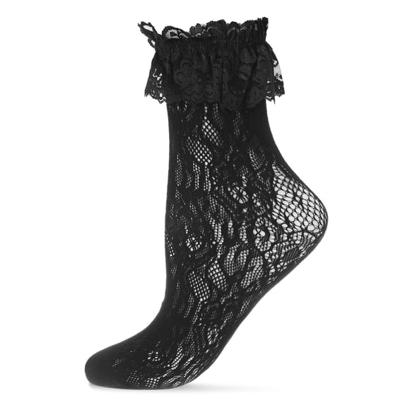 MeMoi Women's Allover Lace Ruffle Cuff Crew Socks - Womens - Female, 9-11, Black