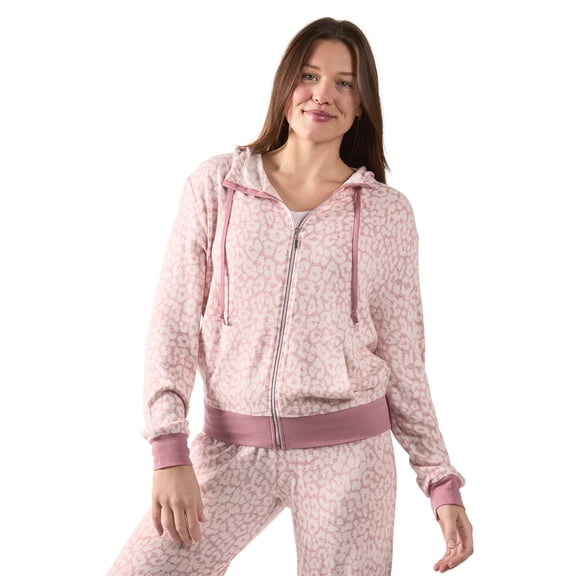 MeMoi Women's Allover Leopard Print Drawstring Zippered Hoodie - Womens - Female, XL, Pink