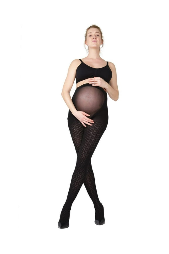 Women's Argyle Pattern Opaque Microfiber Maternity Tights, Q1/Q2, Black