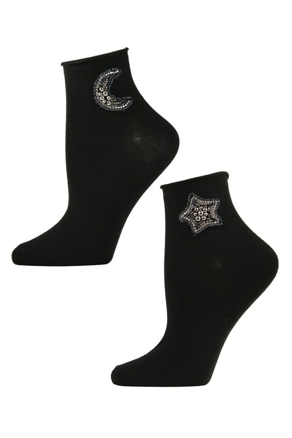 Women's Beaded Moon and Star Roll Top Shorties Sock - Womens - Female, 9-11, Black