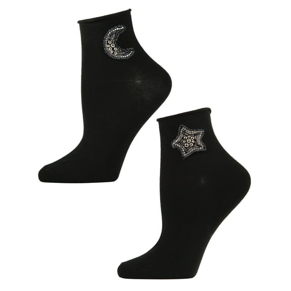 MeMoi Women's Beaded Moon and Star Roll Top Shorties Sock - Womens - Female, 9-11, Black