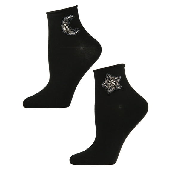 MeMoi Women's Beaded Moon and Star Roll Top Shorties Sock - Womens - Female, 9-11, Black