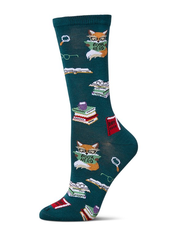 Women's "Book Nerd" Rayon Blend Novelty Crew Sock - Womens - Female, 9-11, Dark Spruce