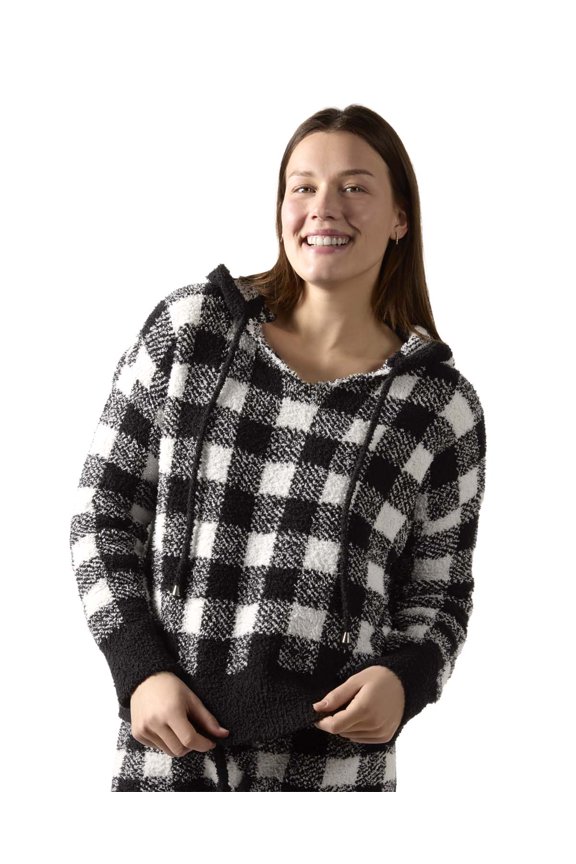 Women's Buffalo Check Cozy Knit Drawstring Hoodie - Womens - Female, XXS-X, Black-Ivory