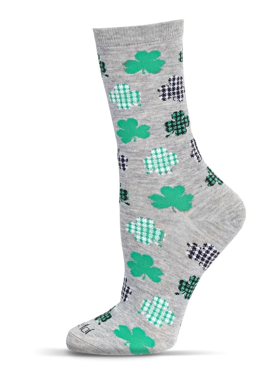 Women's Buffalo Plaid Shamrocks Bamboo Crew Socks - Womens - Female, 9-11, Light Gray Heather