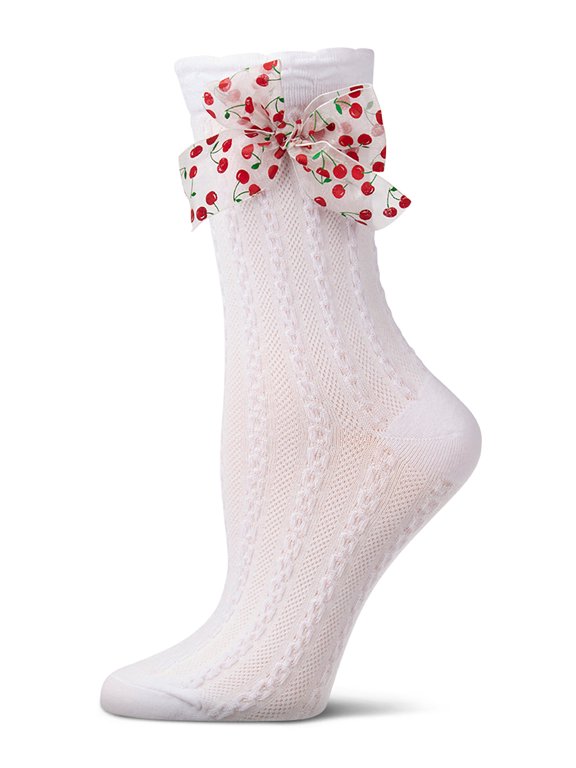Women's Cable-Knit Cotton-Rich Crew Sock with Cherry-Print Bow - Womens - Female, 9-11, White