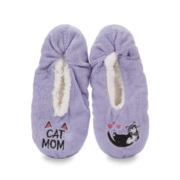 MeMoi Women's Cat Mom Sherpa Lined Slippers - Womens - Female (Medium/Large, Lavender)
