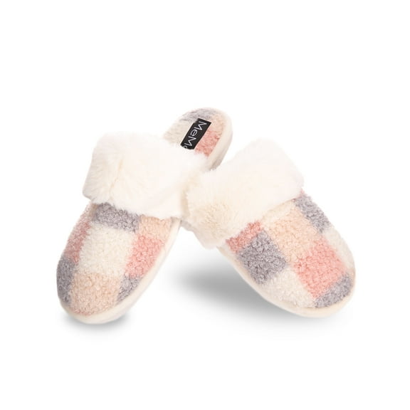 MeMoi Women's Checkerboard Hard Bottom Plush Slippers - Womens - Female (S 5-6, Ivory-Pink)