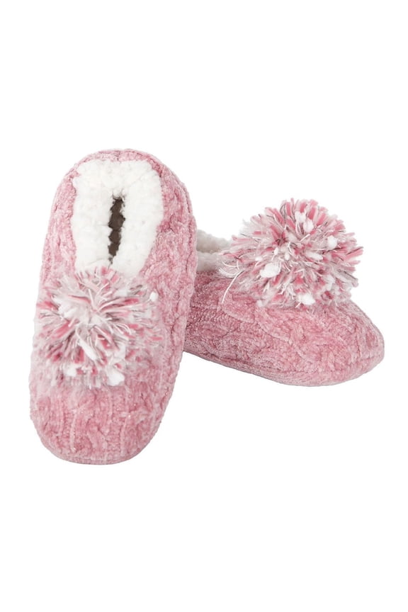 Women's Plush Pom-Pom Chenille Cable Knit Slippers - Womens - Female (Medium/Large, Pink)