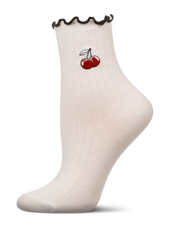 Women's Cherry Applique Cotton Blend Fashion Crew Sock - Womens - Female, 9-11, Ivory