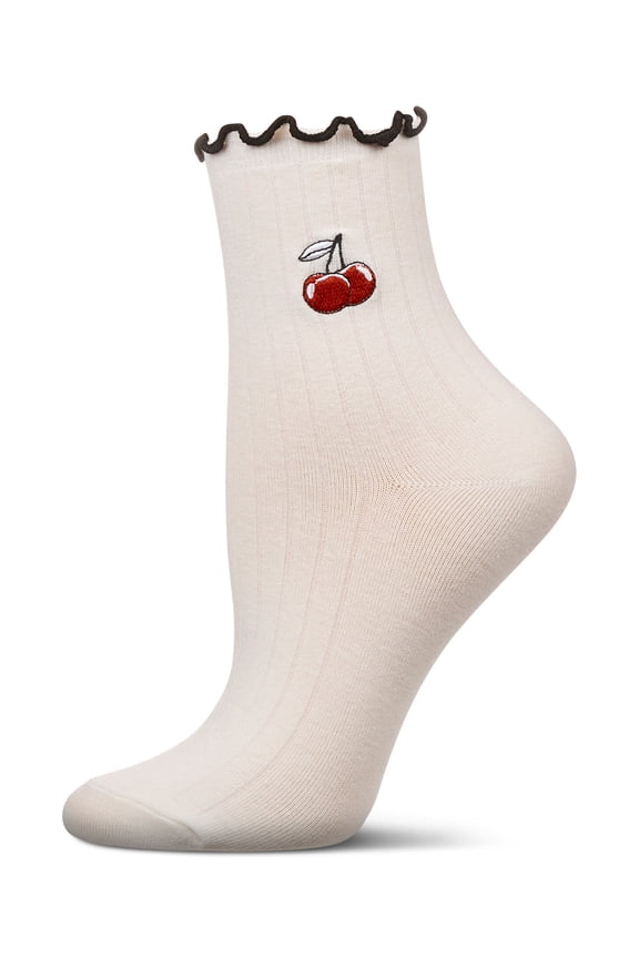 Women's Cherry Applique Cotton Blend Fashion Crew Sock - Womens - Female, 9-11, Ivory