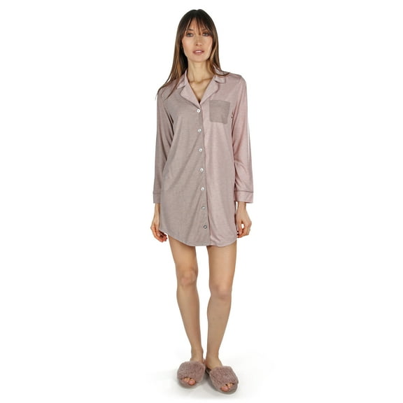 MeMoi Women's Colorblock Modal Button-Down Nightshirt - Womens - Female (L, Blush-Taupe Heather)