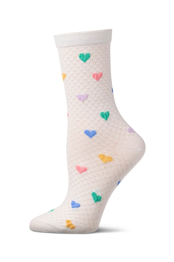 Women's "Colorful Hearts" Cotton-Rich Popcorn-Stitch Crew Sock - Womens - Female, 9-11, White