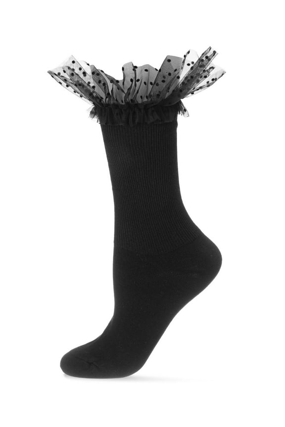 Women's Confetti Tulle Surprise Ruffle Cuff Crew Socks - Womens - Female, 9-11, Black