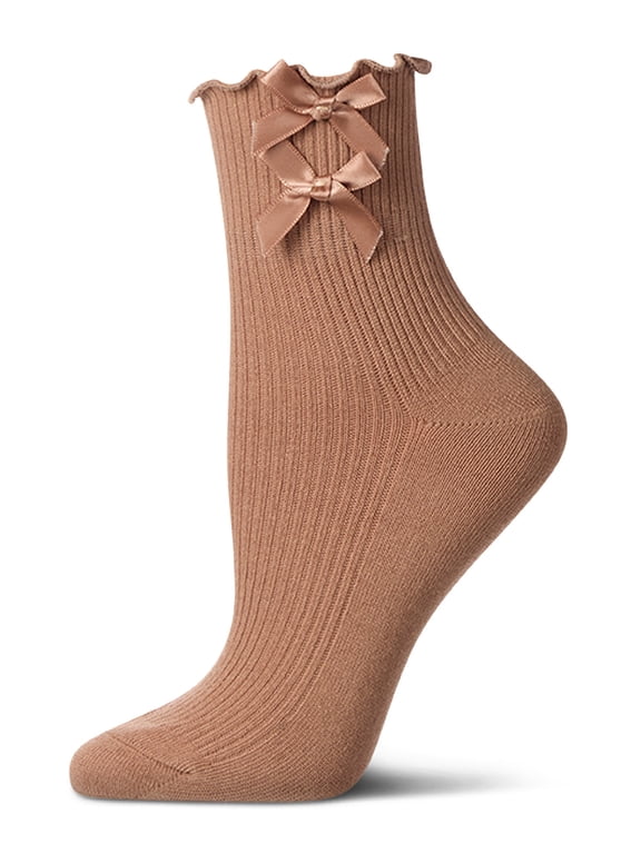 Women's Cotton Rich Lettuce Edge Bow-Trimmed Ankle Sock - Womens - Female, 9-11, Mocha