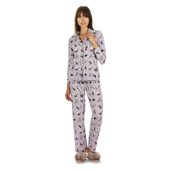 MeMoi Women's Crazy Cats Notch Collar Cotton Blend Pant Pajama Set - Womens - Female, Small, Purple Heather