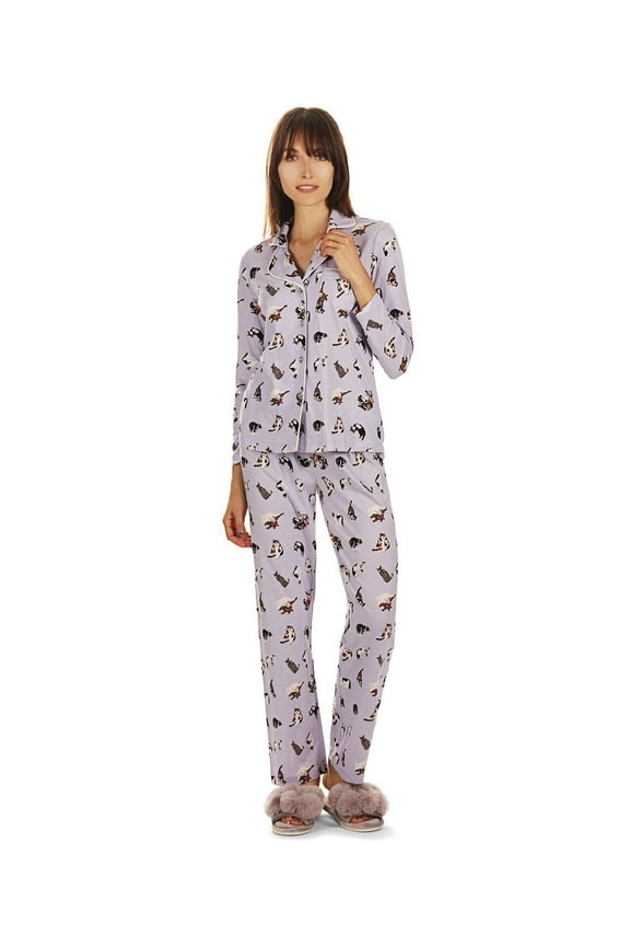 Women's Crazy Cats Notch Collar Cotton Blend Pant Pajama Set - Womens - Female, Small, Purple Heather