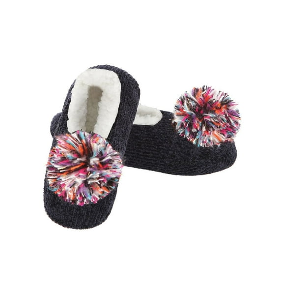 MeMoi Women's Plush Pom-Pom Chenille Slippers - Womens - Female (Small/Medium, Black)
