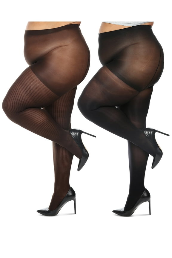 Women's Curvy 2 Pair Pack Flat Knit and Rib Control Top Tights - Mens - Male