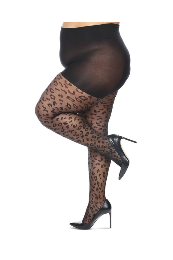 Women's Curvy Leopard Sheer Nylon Control Top Tights - Womens - Female, 7X, Black-Black