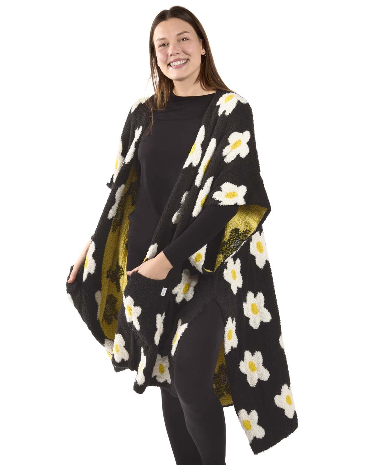 Throwing Robe MeMoi Women's Plush Daisy-Themed Ruana Wearable Throw with Kimono ...