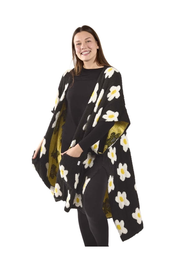 Women's Plush Daisy-Themed Ruana Wearable Throw with Kimono Sleeves - Womens - Female, One Size, Black