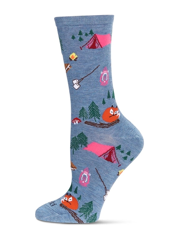 Women's Embroidered Camping Trip Bamboo Crew Socks - Womens - Female, 9-11, Denim Heather