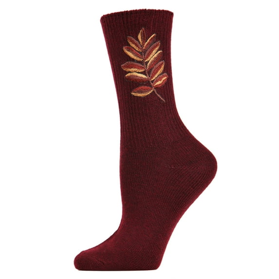 MeMoi Women's Embroidered Golden Leaf Vintage Style Crew Socks - Womens - Female (One Size, Burgundy)