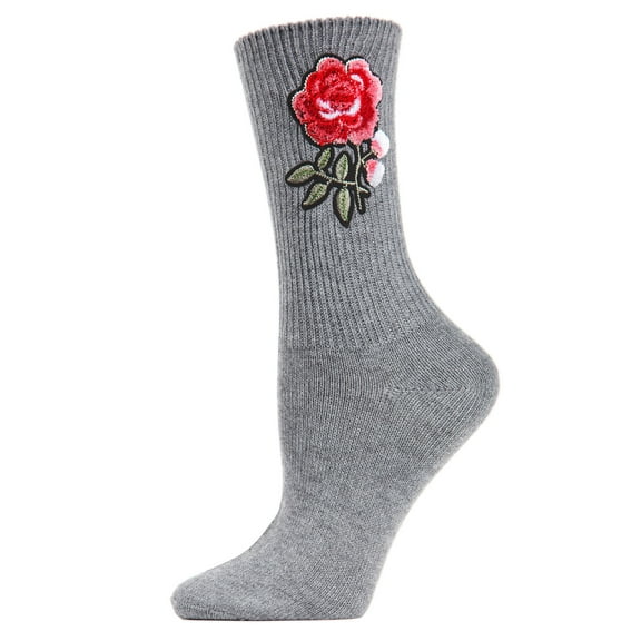 MeMoi Women's Embroidered Rose Path Vintage Style Crew Socks - Womens - Female, One Size, Gray Heather