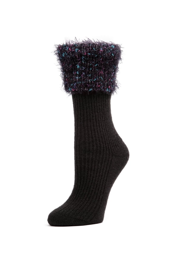 Women's Fancy Fuzz Cuff Ribbed Crew Socks - Womens - Female, 9-11, Winter White