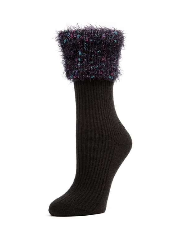 Women's Fancy Fuzz Cuff Ribbed Crew Socks - Womens - Female, 9-11, Black